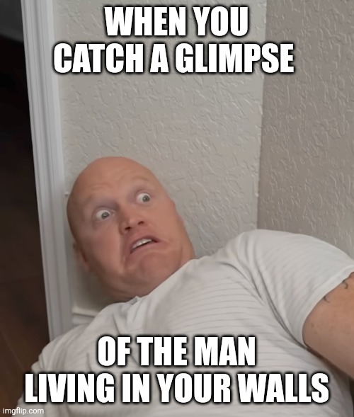 There was a man in my walls?!?!? | WHEN YOU CATCH A GLIMPSE; OF THE MAN LIVING IN YOUR WALLS | image tagged in frightened guy | made w/ Imgflip meme maker