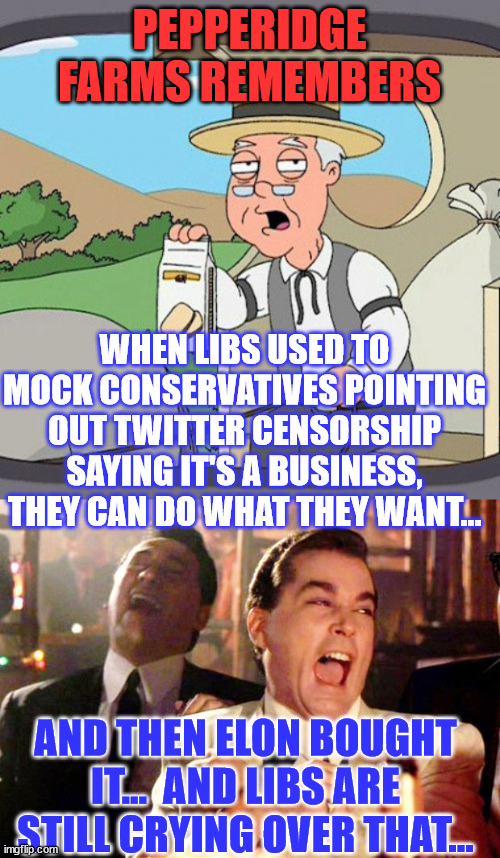 Libs are still crying over Twitter being sold... | PEPPERIDGE FARMS REMEMBERS; WHEN LIBS USED TO MOCK CONSERVATIVES POINTING OUT TWITTER CENSORSHIP SAYING IT'S A BUSINESS, THEY CAN DO WHAT THEY WANT... AND THEN ELON BOUGHT IT...  AND LIBS ARE STILL CRYING OVER THAT... | image tagged in memes,pepperidge farm remembers,goodfellows on dems,crying,liberals | made w/ Imgflip meme maker