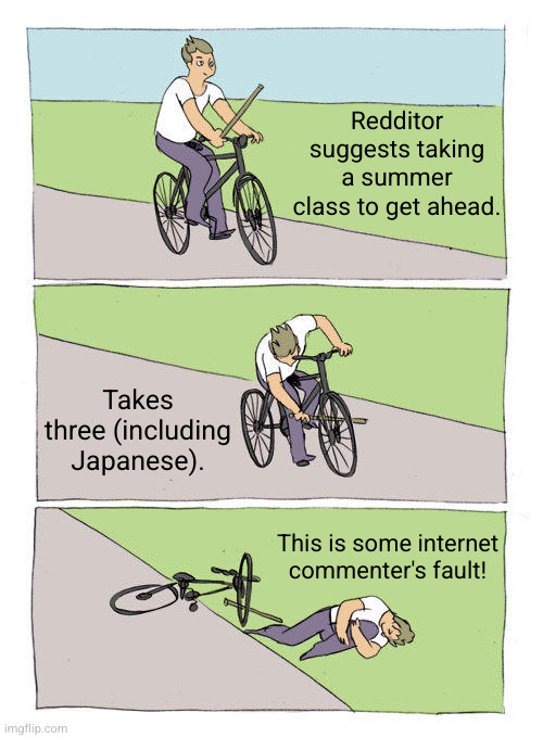 Bike Fall Meme | Redditor suggests taking a summer class to get ahead. Takes three (including Japanese). This is some internet commenter's fault! | image tagged in memes,bike fall | made w/ Imgflip meme maker