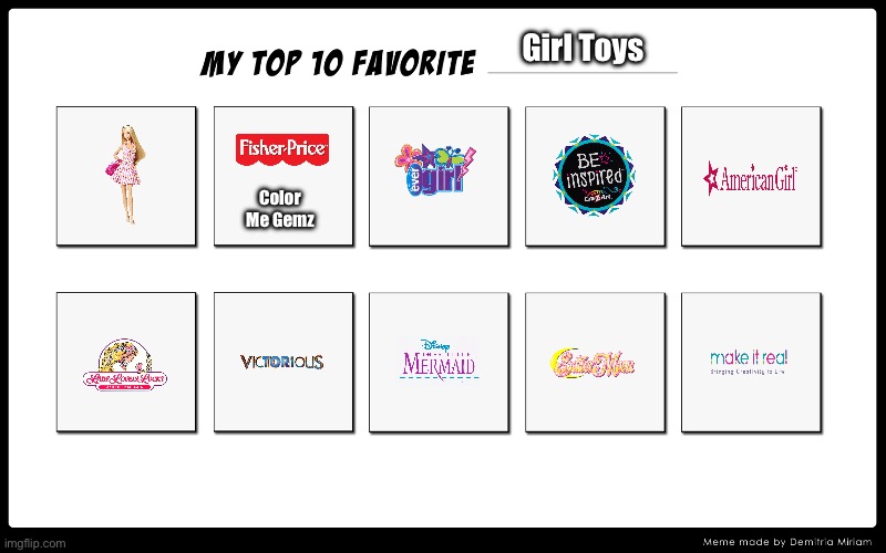 Brandon's Top 10 Favorite Girl Toys | Girl Toys; Color Me Gemz | image tagged in barbie,the little mermaid,sailor moon,girl,disney,creativity | made w/ Imgflip meme maker