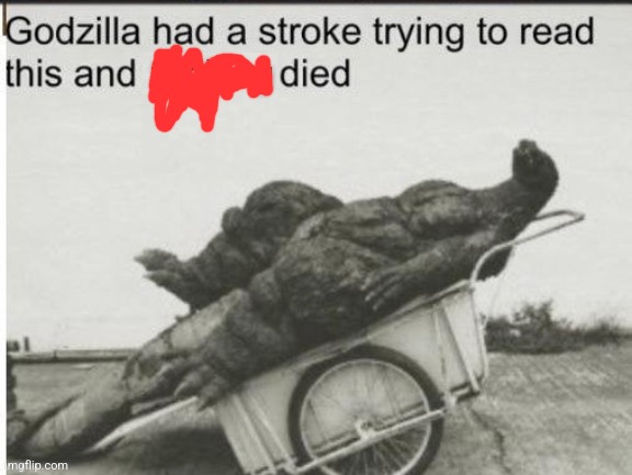 Godzilla had a stroke trying to read this and fricking died | image tagged in godzilla had a stroke trying to read this and fricking died | made w/ Imgflip meme maker