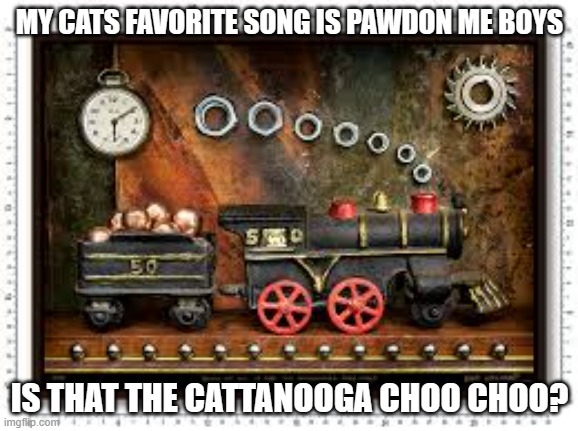 meme by Brad my cats favorite song | MY CATS FAVORITE SONG IS PAWDON ME BOYS; IS THAT THE CATTANOOGA CHOO CHOO? | image tagged in cat meme | made w/ Imgflip meme maker