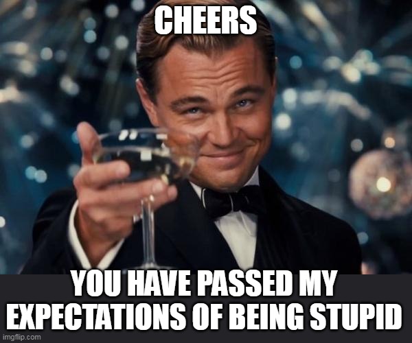You have passed my expectations of being stupid | CHEERS; YOU HAVE PASSED MY EXPECTATIONS OF BEING STUPID | image tagged in memes,leonardo dicaprio cheers,funny,stupid,stupid people,morons | made w/ Imgflip meme maker