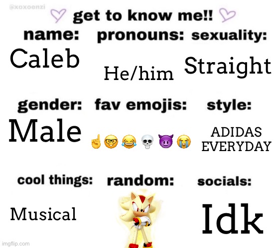 get to know me | He/him; Caleb; Straight; Male; ADIDAS EVERYDAY; ☝️🤓 😂 💀 😈 😭; Idk; Musical | image tagged in get to know me | made w/ Imgflip meme maker