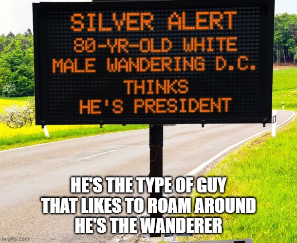 Dion's Wanderer has been found | HE'S THE TYPE OF GUY
THAT LIKES TO ROAM AROUND
HE'S THE WANDERER | image tagged in fjb,joe biden,biden,dementia,potus,alzheimers | made w/ Imgflip meme maker