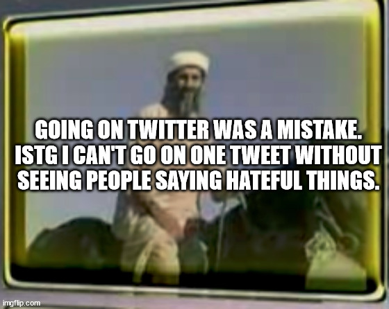 osama on horse | GOING ON TWITTER WAS A MISTAKE. ISTG I CAN'T GO ON ONE TWEET WITHOUT SEEING PEOPLE SAYING HATEFUL THINGS. | image tagged in osama on horse | made w/ Imgflip meme maker