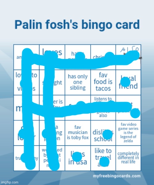 Palin Fosh's bingo card | image tagged in palin fosh's bingo card | made w/ Imgflip meme maker