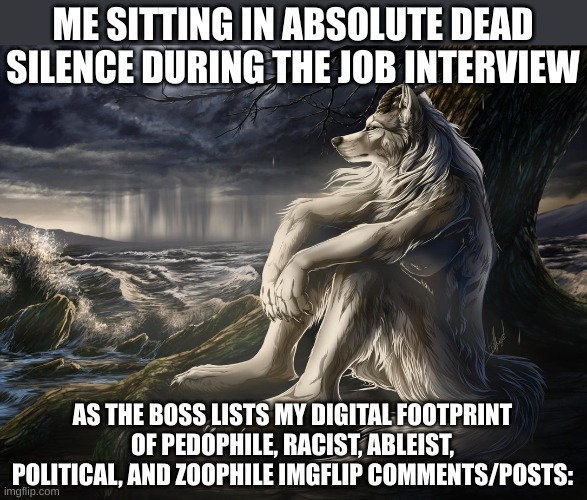Sitting Wolf | ME SITTING IN ABSOLUTE DEAD SILENCE DURING THE JOB INTERVIEW; AS THE BOSS LISTS MY DIGITAL FOOTPRINT OF PEDOPHILE, RACIST, ABLEIST, POLITICAL, AND ZOOPHILE IMGFLIP COMMENTS/POSTS: | image tagged in sitting wolf | made w/ Imgflip meme maker