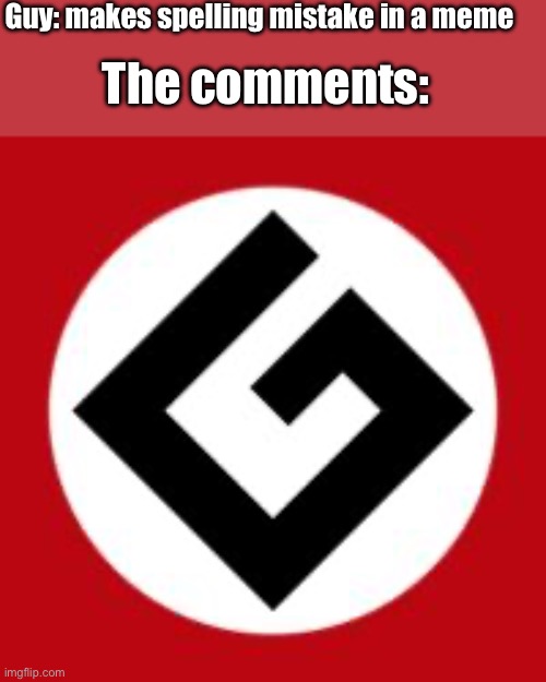 Grammar Nazi | Guy: makes spelling mistake in a meme; The comments: | image tagged in grammar nazi | made w/ Imgflip meme maker