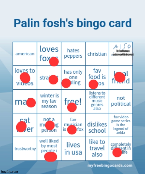 Palin Fosh's bingo card | image tagged in palin fosh's bingo card | made w/ Imgflip meme maker