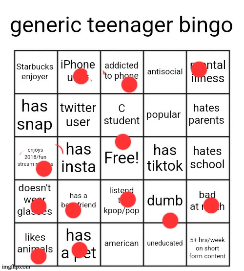 generic teenager bingo | image tagged in generic teenager bingo | made w/ Imgflip meme maker