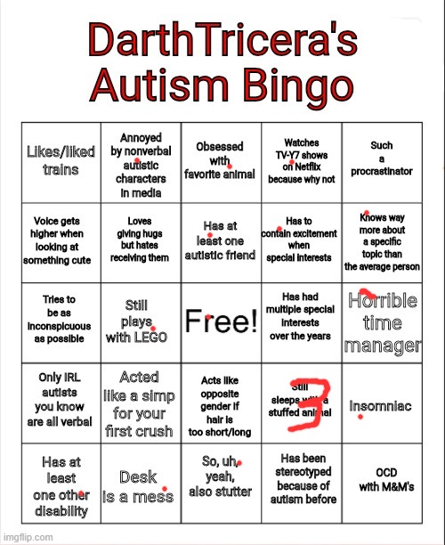 DarthTricera's Autism Bingo | image tagged in darthtricera's autism bingo | made w/ Imgflip meme maker