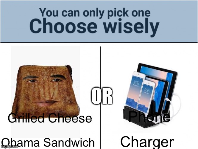 Choose wisely | OR; Phone; Grilled Cheese; Charger; Obama Sandwich | image tagged in choose wisely | made w/ Imgflip meme maker