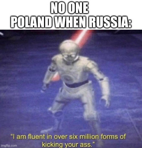 I am fluent in over six million forms of kicking your ass | NO ONE 
POLAND WHEN RUSSIA: | image tagged in i am fluent in over six million forms of kicking your ass,poland,memes | made w/ Imgflip meme maker