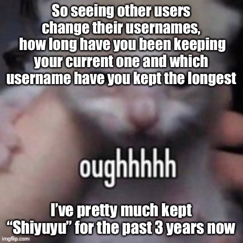 oughhhhh | So seeing other users change their usernames,
 how long have you been keeping your current one and which username have you kept the longest; I’ve pretty much kept “Shiyuyu” for the past 3 years now | image tagged in oughhhhh | made w/ Imgflip meme maker