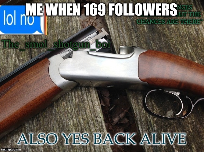 *gasp* hes back | ME WHEN 169 FOLLOWERS; ALSO YES BACK ALIVE | image tagged in smol shotgun boi temp | made w/ Imgflip meme maker