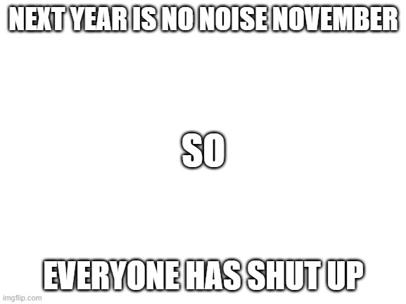 we need to take this seriously guys | NEXT YEAR IS NO NOISE NOVEMBER; SO; EVERYONE HAS SHUT UP | image tagged in blank white template | made w/ Imgflip meme maker