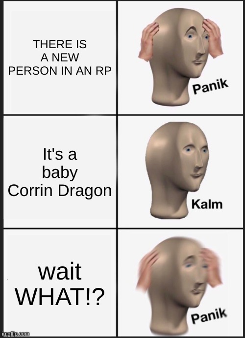 The RP of the three Corrins | THERE IS A NEW PERSON IN AN RP; It's a baby Corrin Dragon; wait WHAT!? | image tagged in memes,panik kalm panik,three corrrins one rp | made w/ Imgflip meme maker