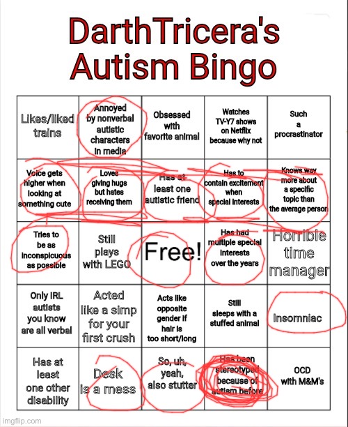 why’d i get the good at art autism instead of the good at math/science autism | image tagged in darthtricera's autism bingo | made w/ Imgflip meme maker
