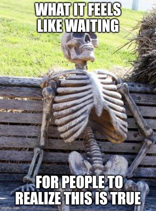 Waiting Skeleton Meme | WHAT IT FEELS LIKE WAITING FOR PEOPLE TO REALIZE THIS IS TRUE | image tagged in memes,waiting skeleton | made w/ Imgflip meme maker