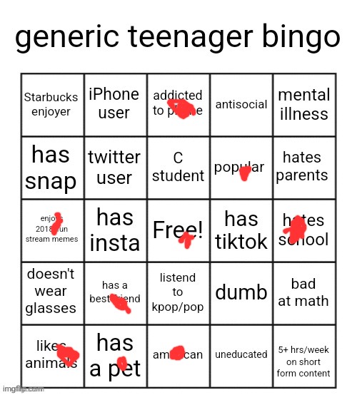 generic teenager bingo | image tagged in generic teenager bingo | made w/ Imgflip meme maker