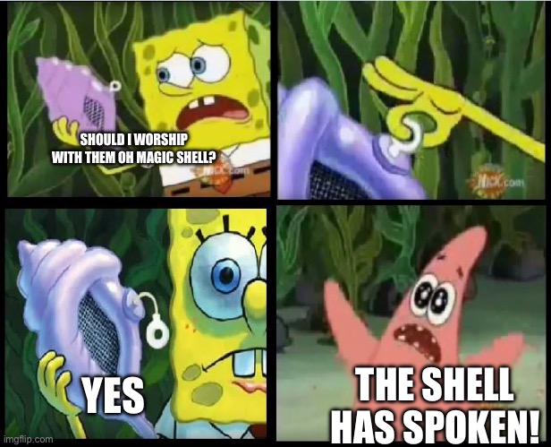 The Shell Has Spoken | SHOULD I WORSHIP WITH THEM OH MAGIC SHELL? YES THE SHELL HAS SPOKEN! | image tagged in the shell has spoken | made w/ Imgflip meme maker