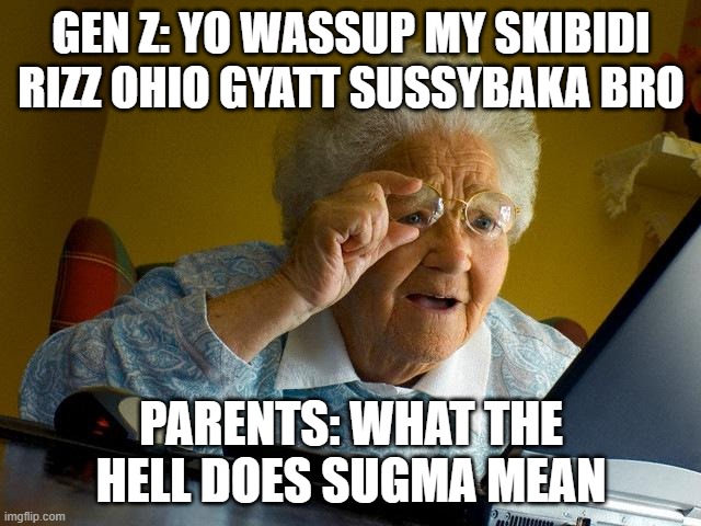 sugma: patrick bateman | GEN Z: YO WASSUP MY SKIBIDI RIZZ OHIO GYATT SUSSYBAKA BRO; PARENTS: WHAT THE HELL DOES SUGMA MEAN | image tagged in memes,grandma finds the internet | made w/ Imgflip meme maker