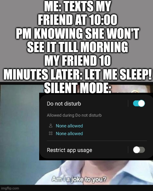 There is literally a setting that let's you have it turn on automatically based on the time | ME: TEXTS MY FRIEND AT 10:00 PM KNOWING SHE WON'T SEE IT TILL MORNING
MY FRIEND 10 MINUTES LATER: LET ME SLEEP!
SILENT MODE: | image tagged in am i a joke to you,friends,why | made w/ Imgflip meme maker