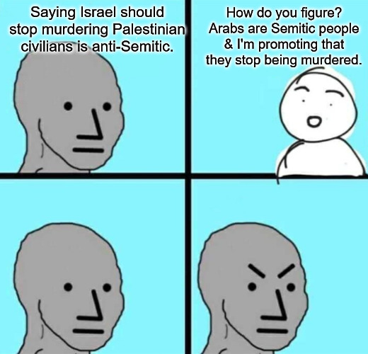 npc | How do you figure? Arabs are Semitic people & I'm promoting that they stop being murdered. Saying Israel should stop murdering Palestinian civilians is anti-Semitic. | image tagged in npc,israel,palestine,antisemitism,arab,war crimes | made w/ Imgflip meme maker