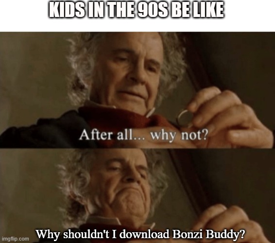 Hey son why is there a purple monkey on my computer | KIDS IN THE 90S BE LIKE; Why shouldn't I download Bonzi Buddy? | image tagged in after all why not | made w/ Imgflip meme maker