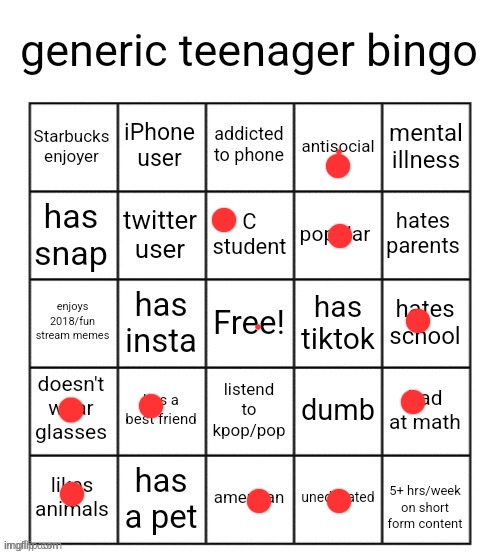 i guess i aint generic... | image tagged in generic teenager bingo | made w/ Imgflip meme maker