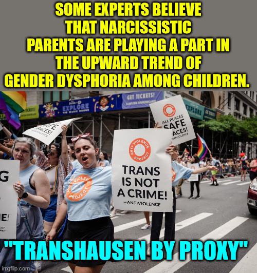 "Transhausen by proxy" | SOME EXPERTS BELIEVE THAT NARCISSISTIC PARENTS ARE PLAYING A PART IN THE UPWARD TREND OF GENDER DYSPHORIA AMONG CHILDREN. "TRANSHAUSEN BY PROXY" | image tagged in parenting,narcissism,transgender,personality disorders | made w/ Imgflip meme maker