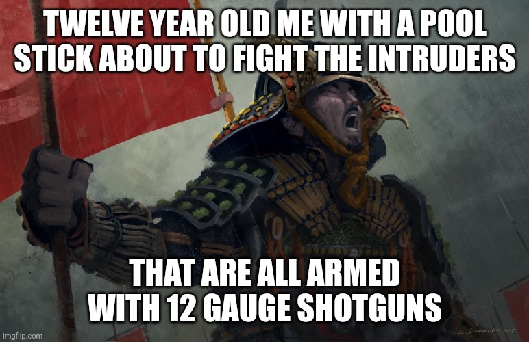 Samurai Screaming | TWELVE YEAR OLD ME WITH A POOL STICK ABOUT TO FIGHT THE INTRUDERS; THAT ARE ALL ARMED WITH 12 GAUGE SHOTGUNS | image tagged in samurai screaming | made w/ Imgflip meme maker