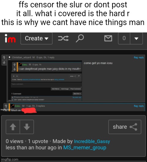 ffs censor the slur or dont post it all. what i covered is the hard r
this is why we cant have nice things man | made w/ Imgflip meme maker