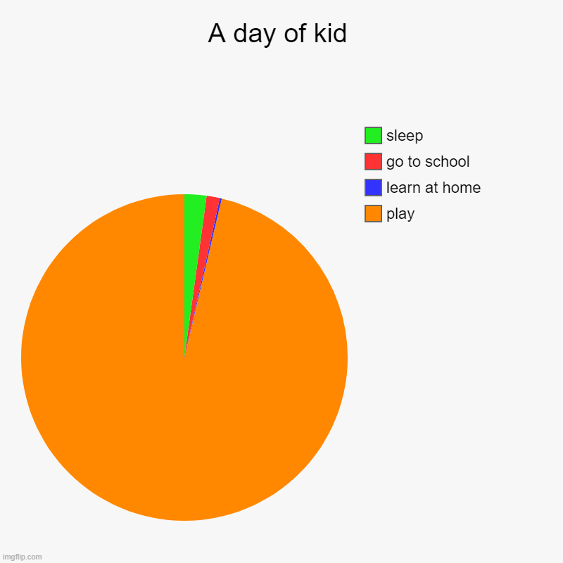 A day of kid | play, learn at home, go to school, sleep | image tagged in charts,pie charts | made w/ Imgflip chart maker