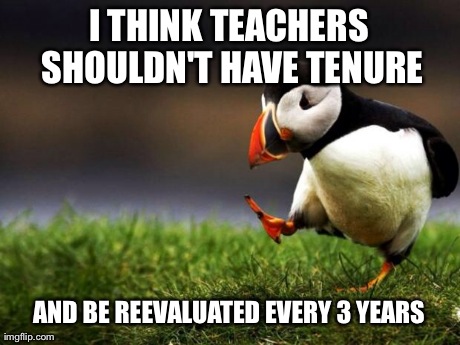 Unpopular Opinion Puffin | I THINK TEACHERS SHOULDN'T HAVE TENURE AND BE REEVALUATED EVERY 3 YEARS | image tagged in memes,unpopular opinion puffin,AdviceAnimals | made w/ Imgflip meme maker