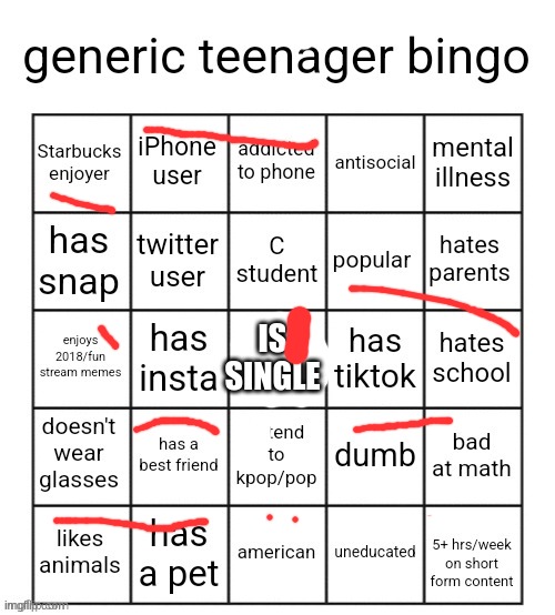 lol | IS SINGLE | image tagged in generic teenager bingo | made w/ Imgflip meme maker