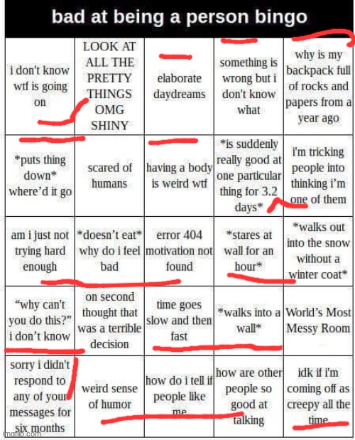 bad at being a person bingo | image tagged in bad at being a person bingo | made w/ Imgflip meme maker