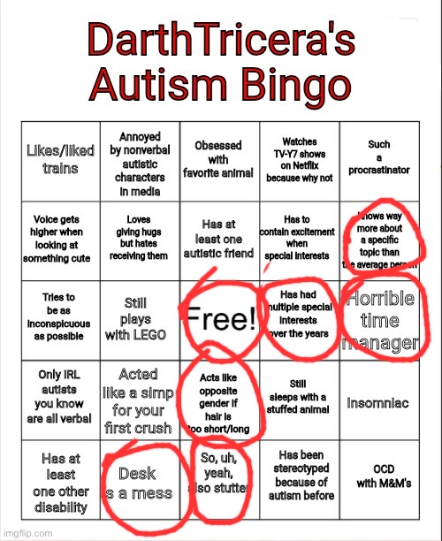 DarthTricera's Autism Bingo | image tagged in darthtricera's autism bingo | made w/ Imgflip meme maker