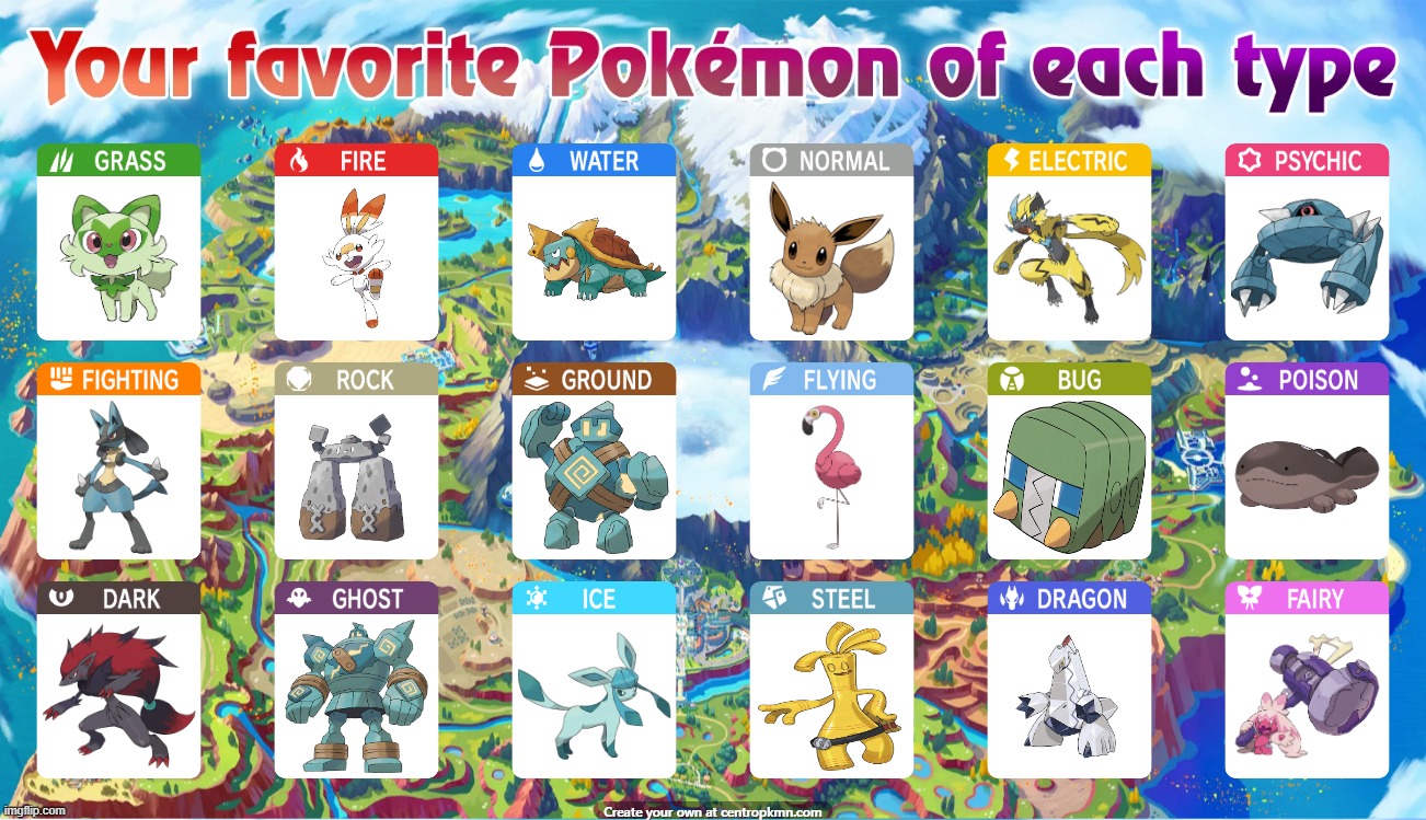 My favorite Pokemon of each type | image tagged in pokemon,opinion | made w/ Imgflip meme maker