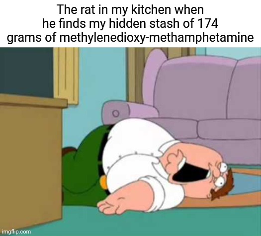Dead Peter Griffin | The rat in my kitchen when he finds my hidden stash of 174 grams of methylenedioxy-methamphetamine | image tagged in dead peter griffin | made w/ Imgflip meme maker