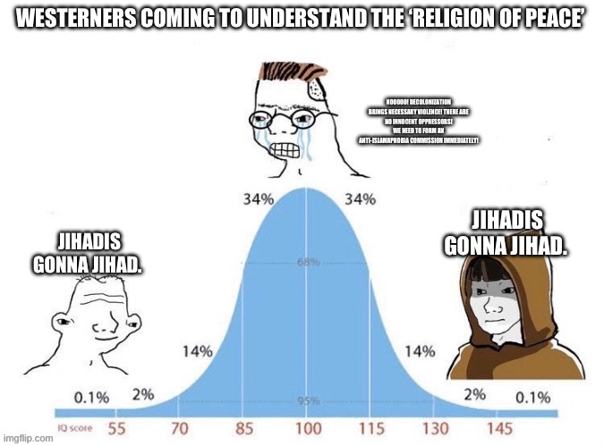 Jihadis gonna Jihad. | WESTERNERS COMING TO UNDERSTAND THE ‘RELIGION OF PEACE’; NOOOOO! DECOLONIZATION BRINGS NECESSARY VIOLENCE! THERE ARE
NO INNOCENT OPPRESSORS! WE NEED TO FORM AN ANTI-ISLAMAPHOBIA COMMISSION IMMEDIATELY! JIHADIS GONNA JIHAD. JIHADIS GONNA JIHAD. | image tagged in bell curve,jihad,religion of peace | made w/ Imgflip meme maker