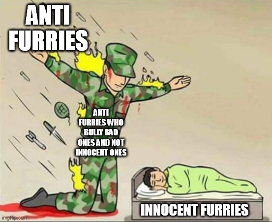 Soldier protecting sleeping child | ANTI FURRIES; ANTI FURRIES WHO BULLY BAD ONES AND NOT INNOCENT ONES; INNOCENT FURRIES | image tagged in soldier protecting sleeping child | made w/ Imgflip meme maker