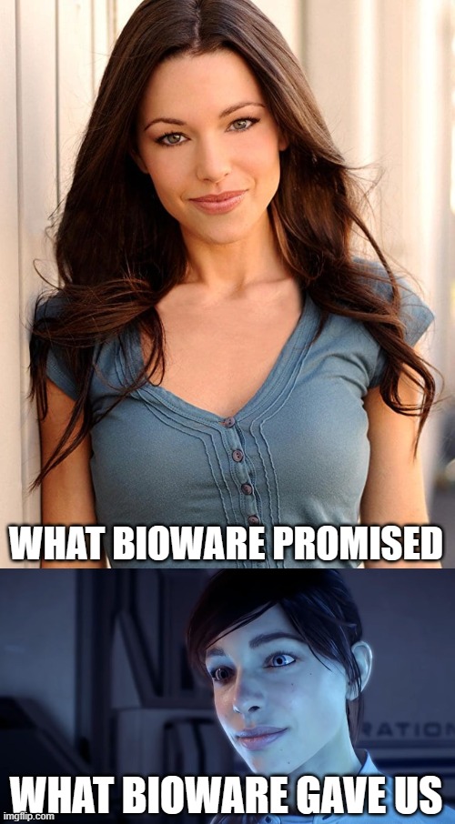 Reason number #21 Mass Effect: Andromeda sucked | WHAT BIOWARE PROMISED; WHAT BIOWARE GAVE US | image tagged in memes,mass effect,low quality,gaming,mass effect andromeda | made w/ Imgflip meme maker