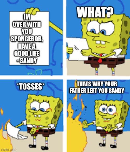 break up letter | WHAT? IM OVER WITH YOU SPONGEBOB, HAVE A GOOD LIFE
- SANDY; THATS WHY YOUR FATHER LEFT YOU SANDY; *TOSSES* | made w/ Imgflip meme maker