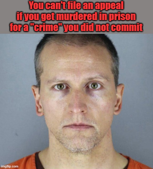 Derek Chauvin has always been innocent... | You can't file an appeal if you get murdered in prison for a "crime" you did not commit | image tagged in derek chauvin | made w/ Imgflip meme maker