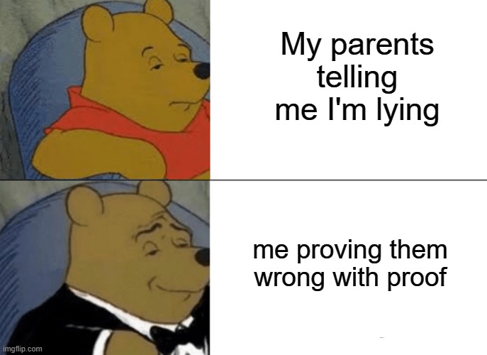 and then their just lookin at you like......... -_- | My parents telling me I'm lying; me proving them wrong with proof | image tagged in memes,tuxedo winnie the pooh,life is roblox | made w/ Imgflip meme maker