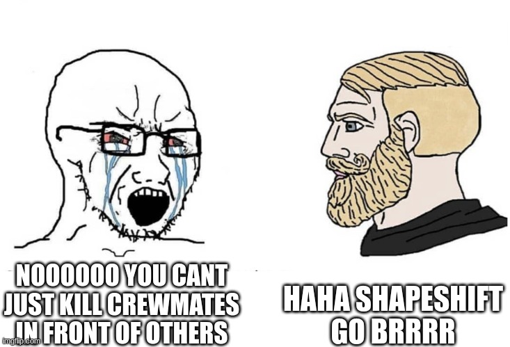 Soyboy Vs Yes Chad | HAHA SHAPESHIFT GO BRRRR; NOOOOOO YOU CANT JUST KILL CREWMATES IN FRONT OF OTHERS | image tagged in soyboy vs yes chad | made w/ Imgflip meme maker