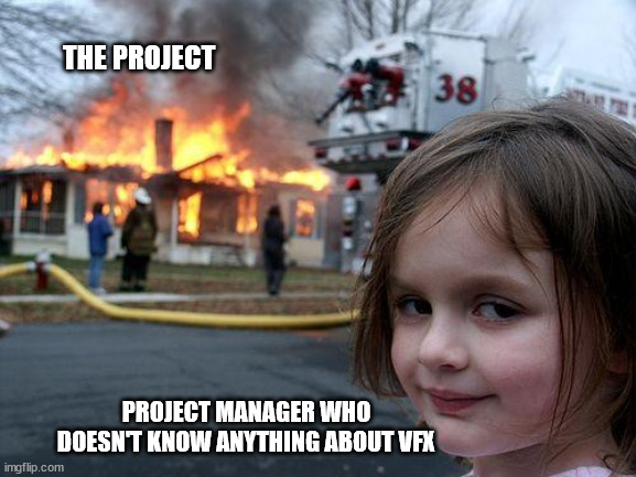 VFX Project manager | THE PROJECT; PROJECT MANAGER WHO DOESN'T KNOW ANYTHING ABOUT VFX | image tagged in memes,disaster girl | made w/ Imgflip meme maker