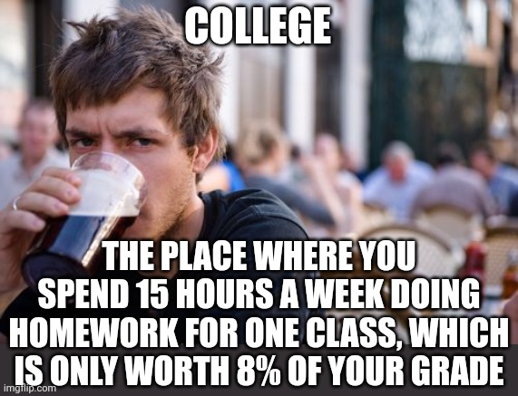 College Truth #4 - whatever takes the most time is worth the least points. But a 4 minute test will be worth 75% of your grade? | COLLEGE; THE PLACE WHERE YOU SPEND 15 HOURS A WEEK DOING HOMEWORK FOR ONE CLASS, WHICH IS ONLY WORTH 8% OF YOUR GRADE | image tagged in college,bad grades,think about it,reality is often dissapointing,online school,unfair | made w/ Imgflip meme maker